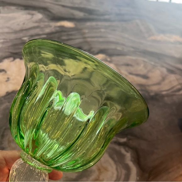 Hand Blown Green Fluted Compote Bowl Italy - Picture 9 of 11